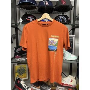 Vintage Napapijri Geographic Mountain Line Burnt Orange T Shirt Size Small